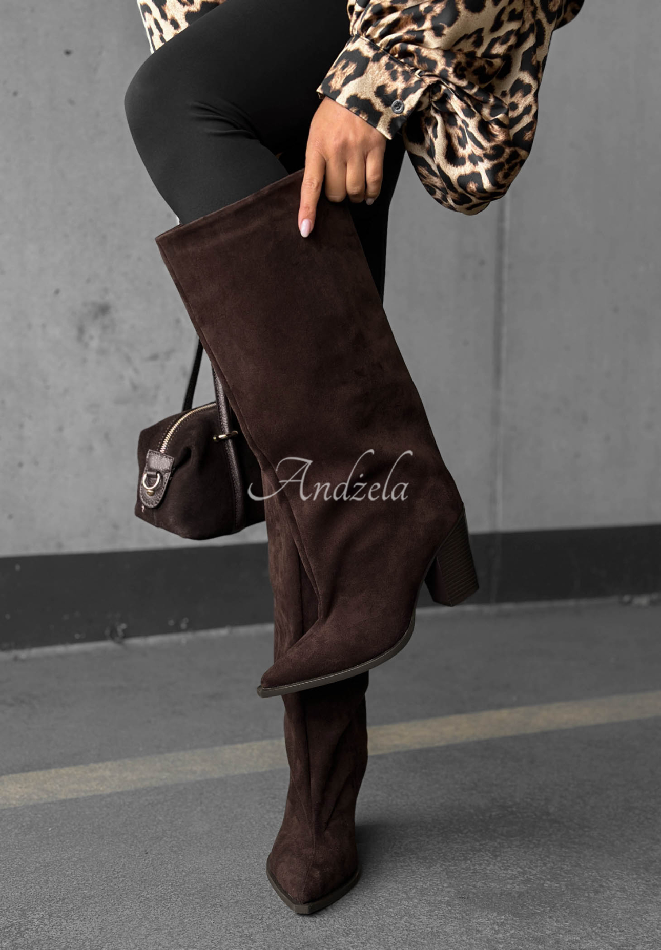 Cizme lungi din piele întoarsă cu toc gros Fall Style