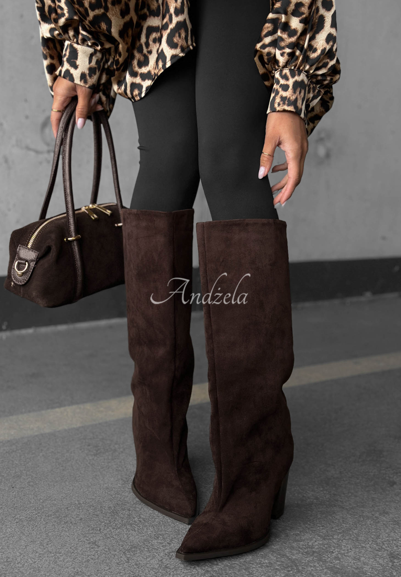 Cizme lungi din piele întoarsă cu toc gros Fall Style