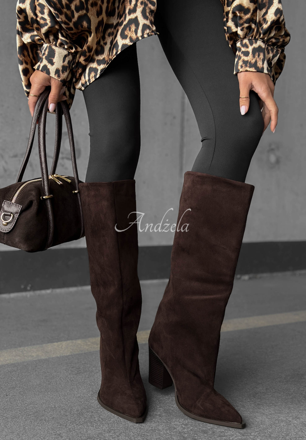 Cizme lungi din piele întoarsă cu toc gros Fall Style