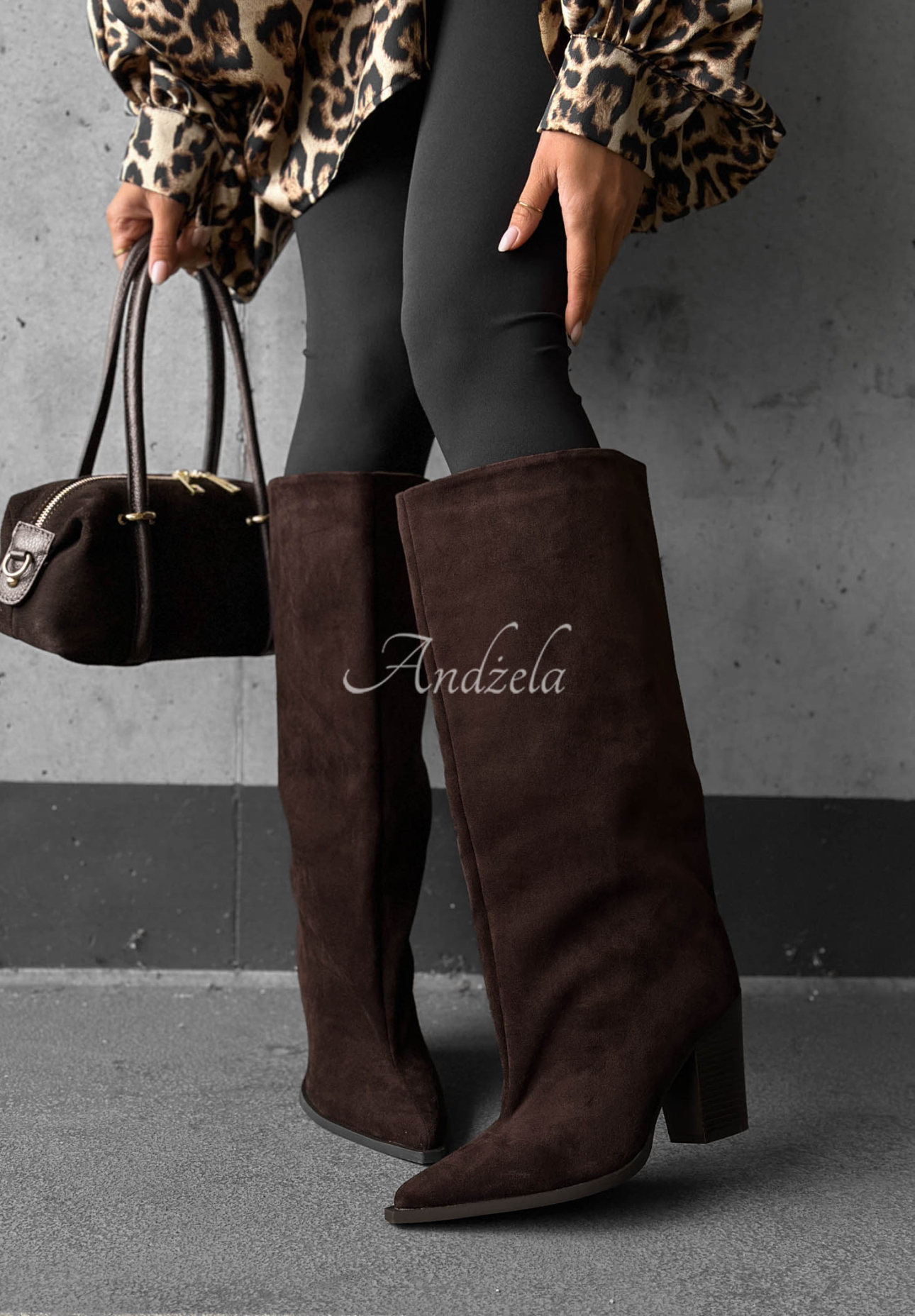Cizme lungi din piele întoarsă cu toc gros Fall Style