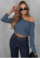 Bluză longsleeve z dekoltem w paski Lovely Autumn beżowo-ciocolatie