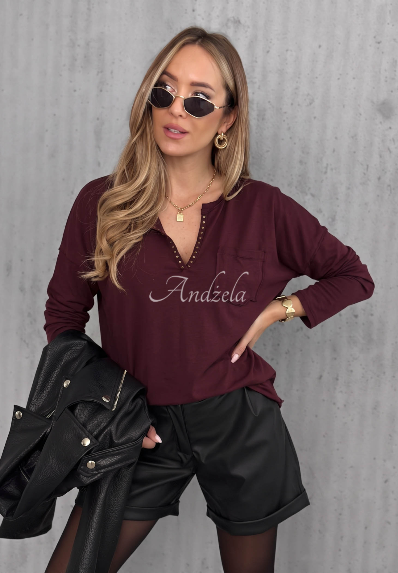Bluză din bumbac cu mâneci lungi și decolteu Basic Charm