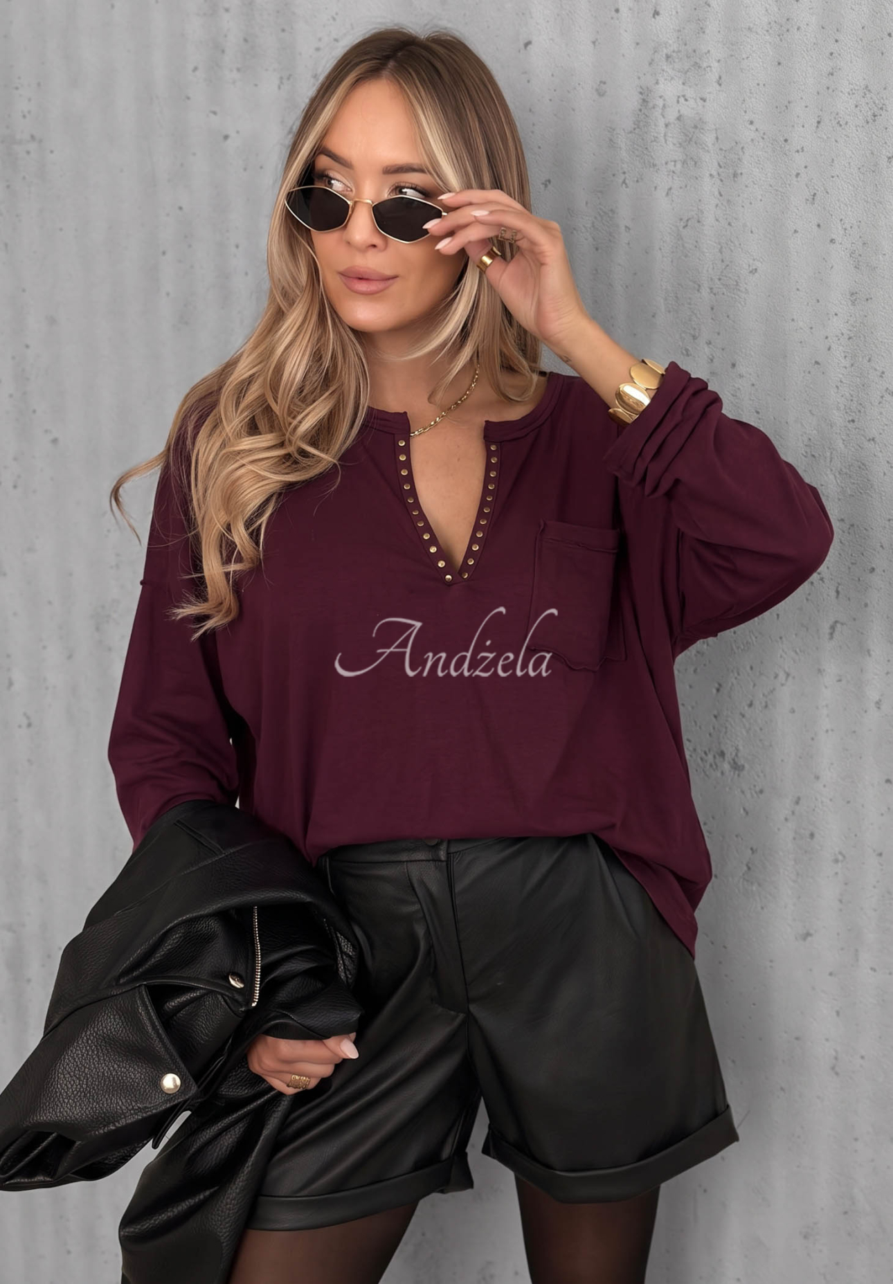 Bluză din bumbac cu mâneci lungi și decolteu Basic Charm