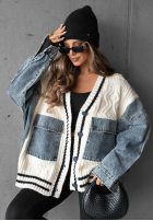 Ozdobnie pleciony Pulover Cardigan z jeansowymi elementami Morning Streets ecru