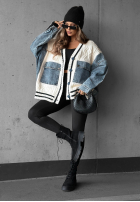 Ozdobnie pleciony Pulover Cardigan z jeansowymi elementami Morning Streets ecru
