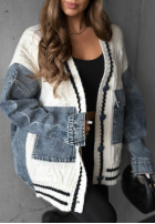 Ozdobnie pleciony Pulover Cardigan z jeansowymi elementami Morning Streets ecru