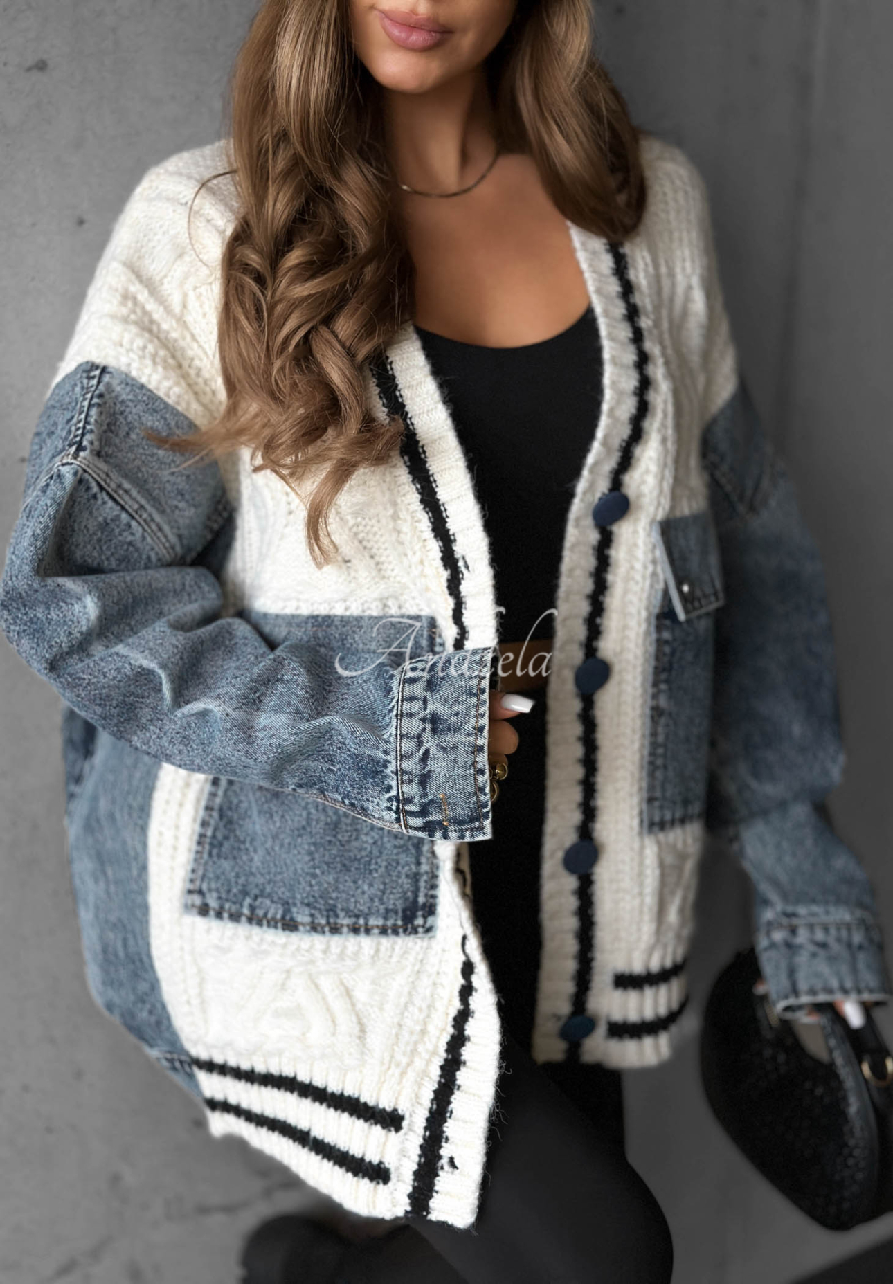 Pulover cardigan din bumbac cu elemente din denim Morning Streets