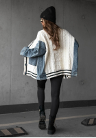 Ozdobnie pleciony Pulover Cardigan z jeansowymi elementami Morning Streets ecru