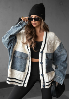 Ozdobnie pleciony Pulover Cardigan z jeansowymi elementami Morning Streets ecru