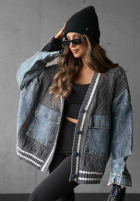 Ozdobnie pleciony Pulover Cardigan z jeansowymi elementami Morning Streets ecru