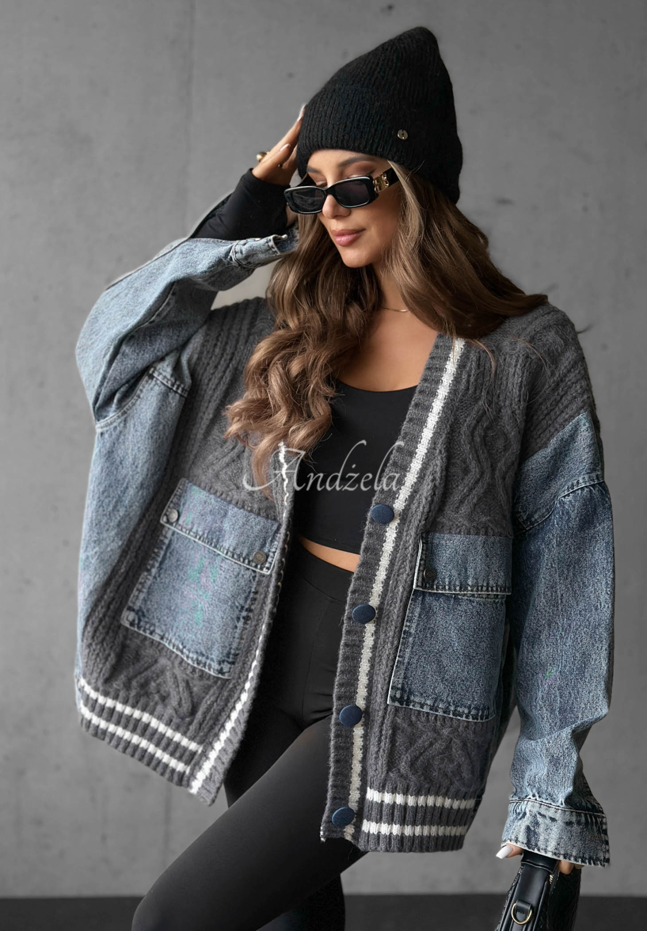 Pulover cardigan din bumbac cu elemente din denim Morning Streets