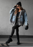 Ozdobnie pleciony Pulover Cardigan z jeansowymi elementami Morning Streets ecru