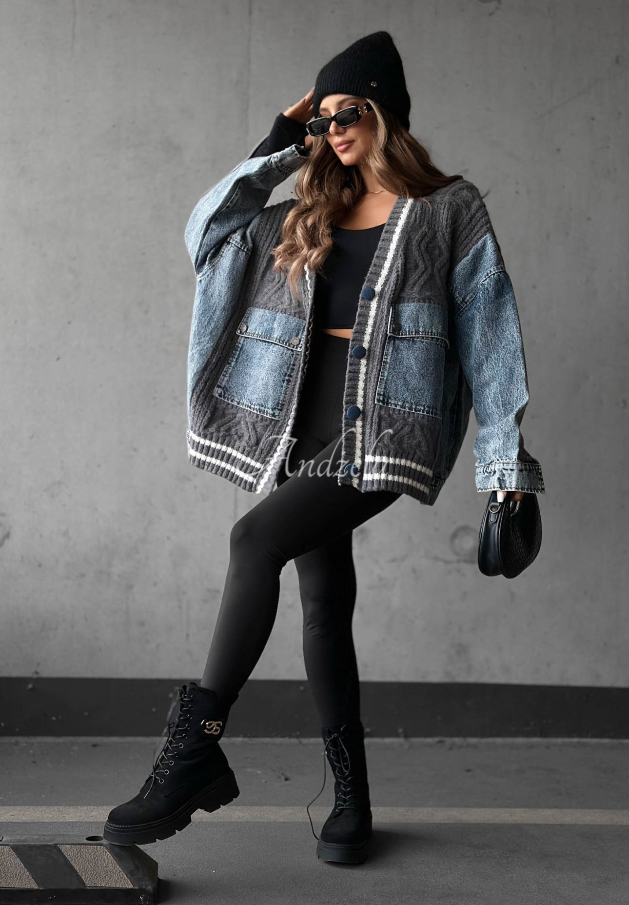 Pulover cardigan din bumbac cu elemente din denim Morning Streets