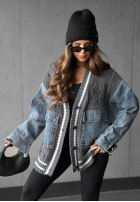 Ozdobnie pleciony Pulover Cardigan z jeansowymi elementami Morning Streets ecru