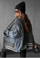 Ozdobnie pleciony Pulover Cardigan z jeansowymi elementami Morning Streets ecru