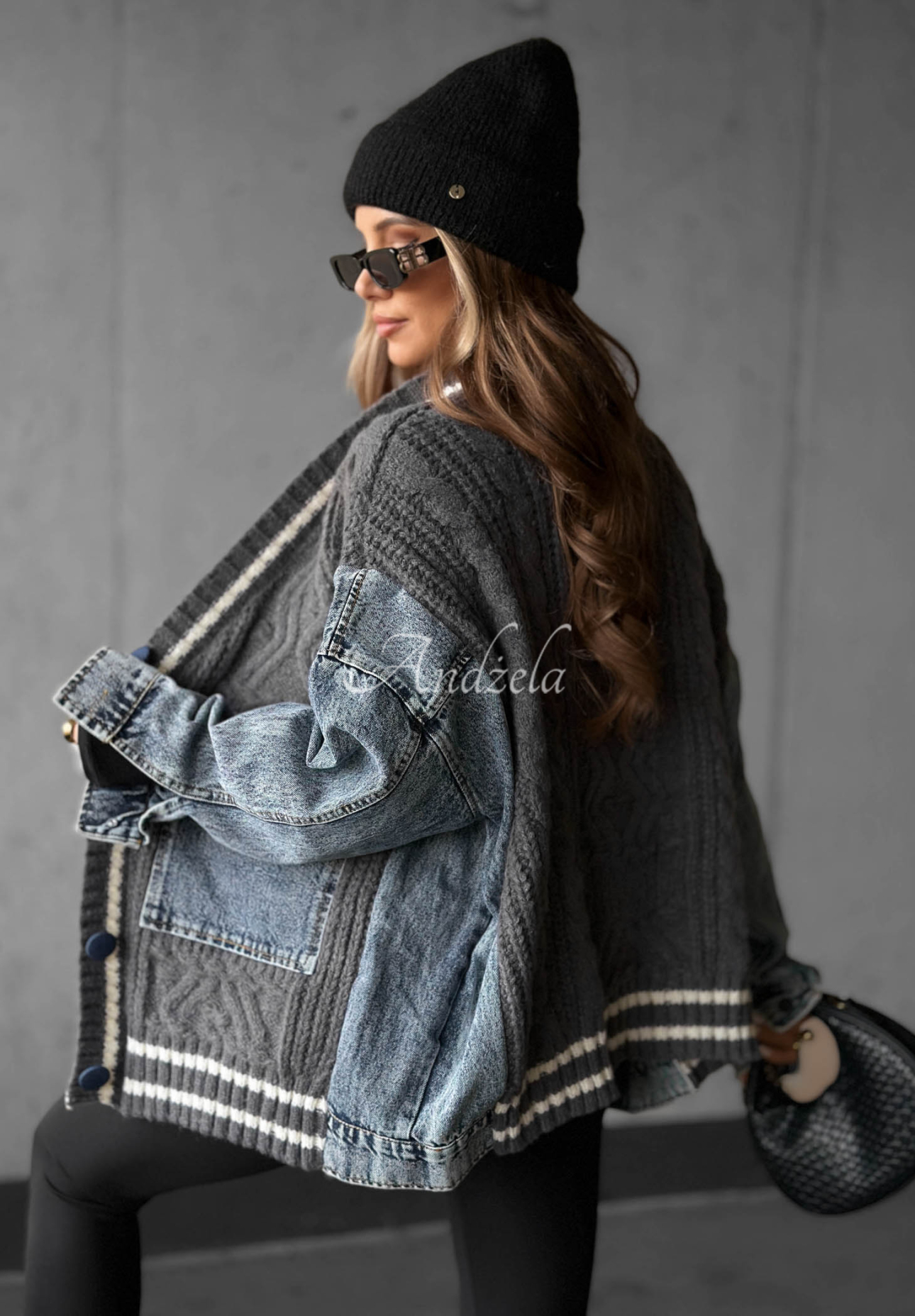 Pulover cardigan din bumbac cu elemente din denim Morning Streets