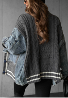 Ozdobnie pleciony Pulover Cardigan z jeansowymi elementami Morning Streets ecru