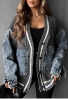 Ozdobnie pleciony Pulover Cardigan z jeansowymi elementami Morning Streets ecru