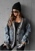 Ozdobnie pleciony Pulover Cardigan z jeansowymi elementami Morning Streets ecru
