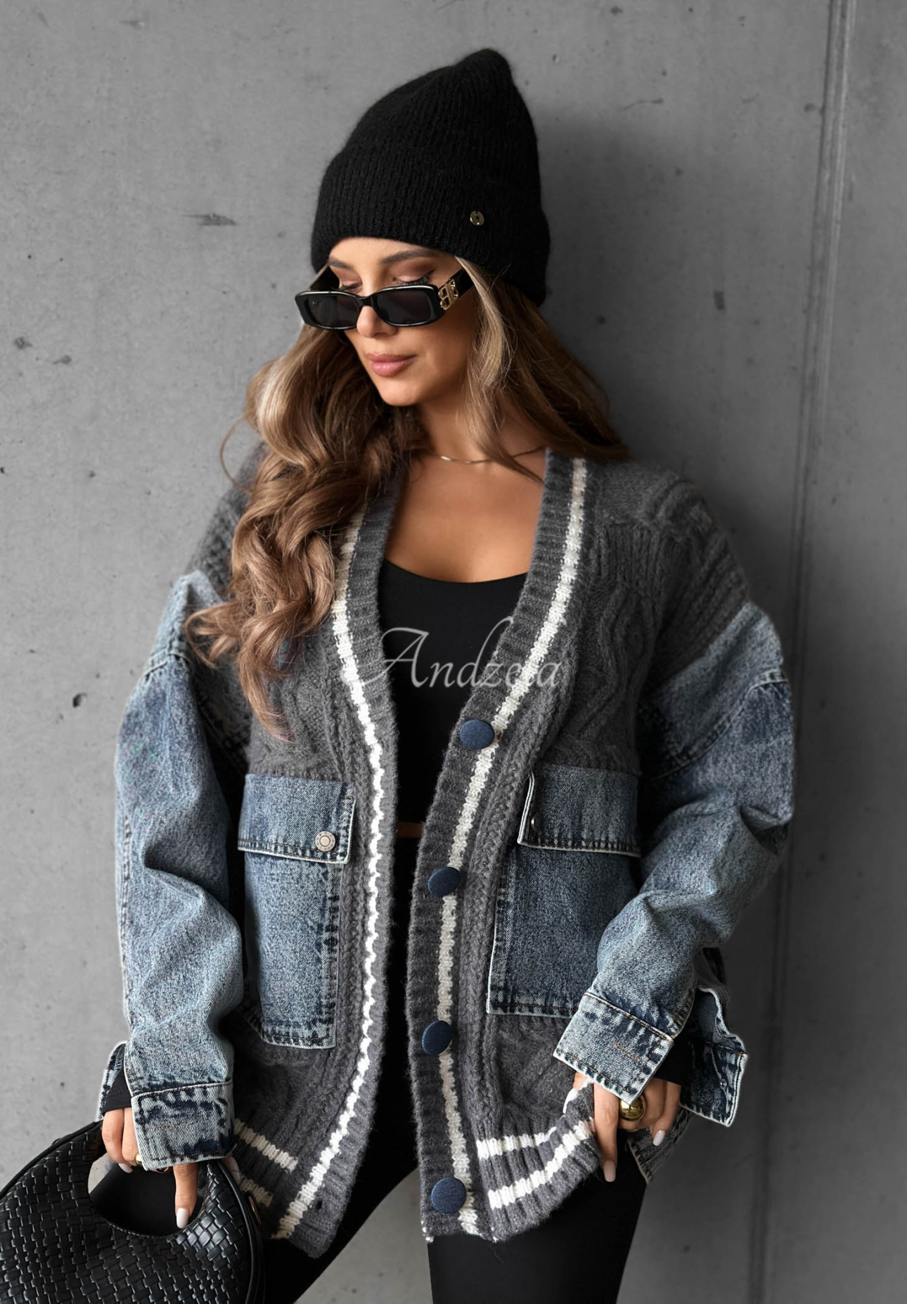 Pulover cardigan din bumbac cu elemente din denim Morning Streets
