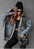 Ozdobnie pleciony Pulover Cardigan z jeansowymi elementami Morning Streets ecru