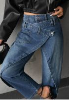 Pantaloni din denim wide leg z kopertowym przodem Morning Hush albastre