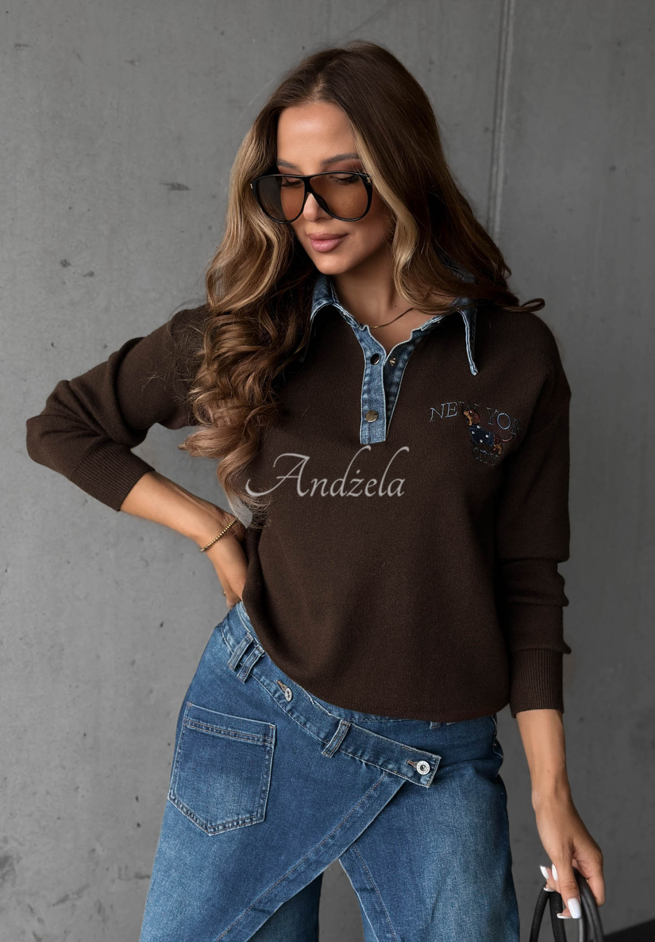 Pulover din viscoză cu guler din denim NY City