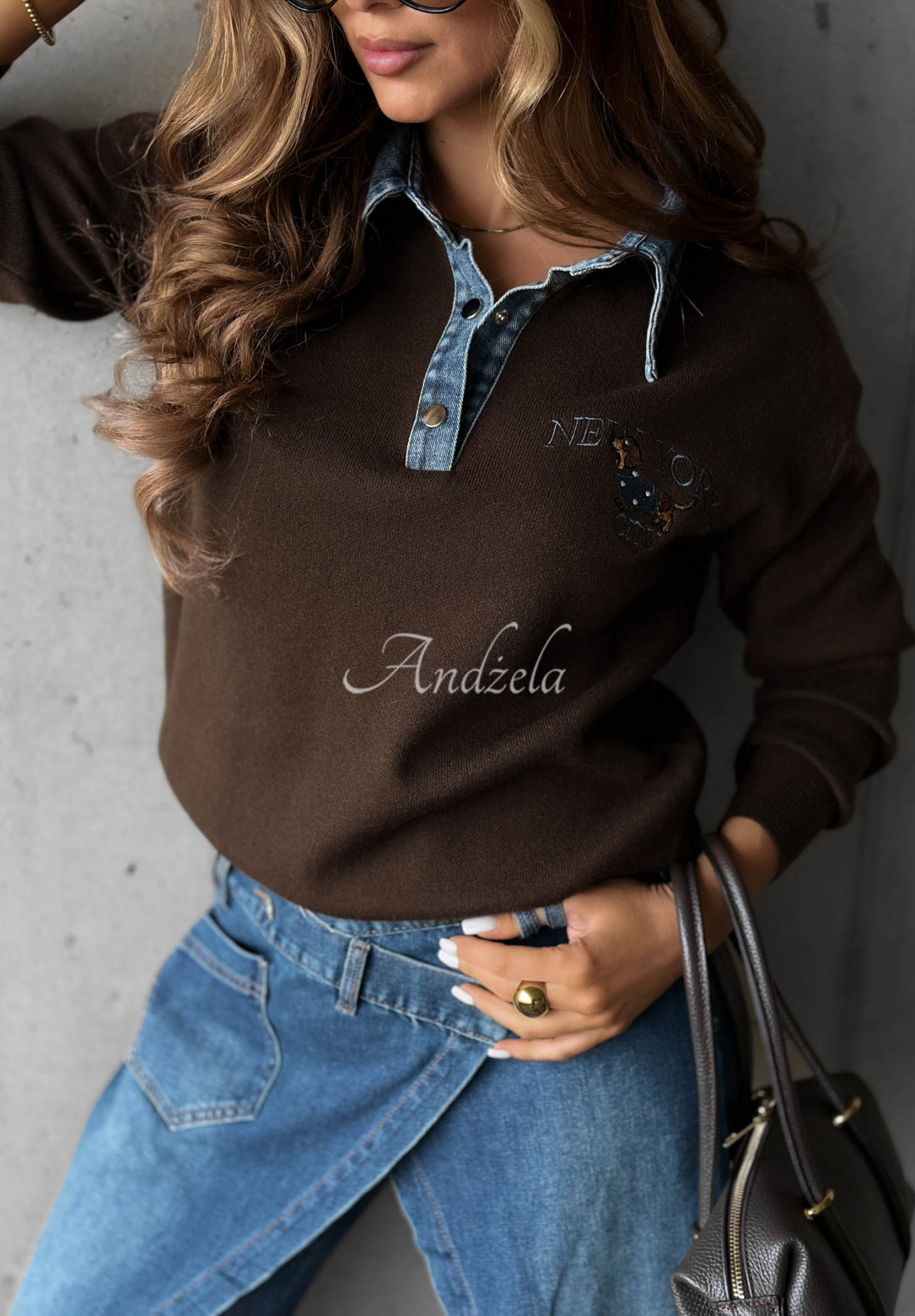 Pulover din viscoză cu guler din denim NY City