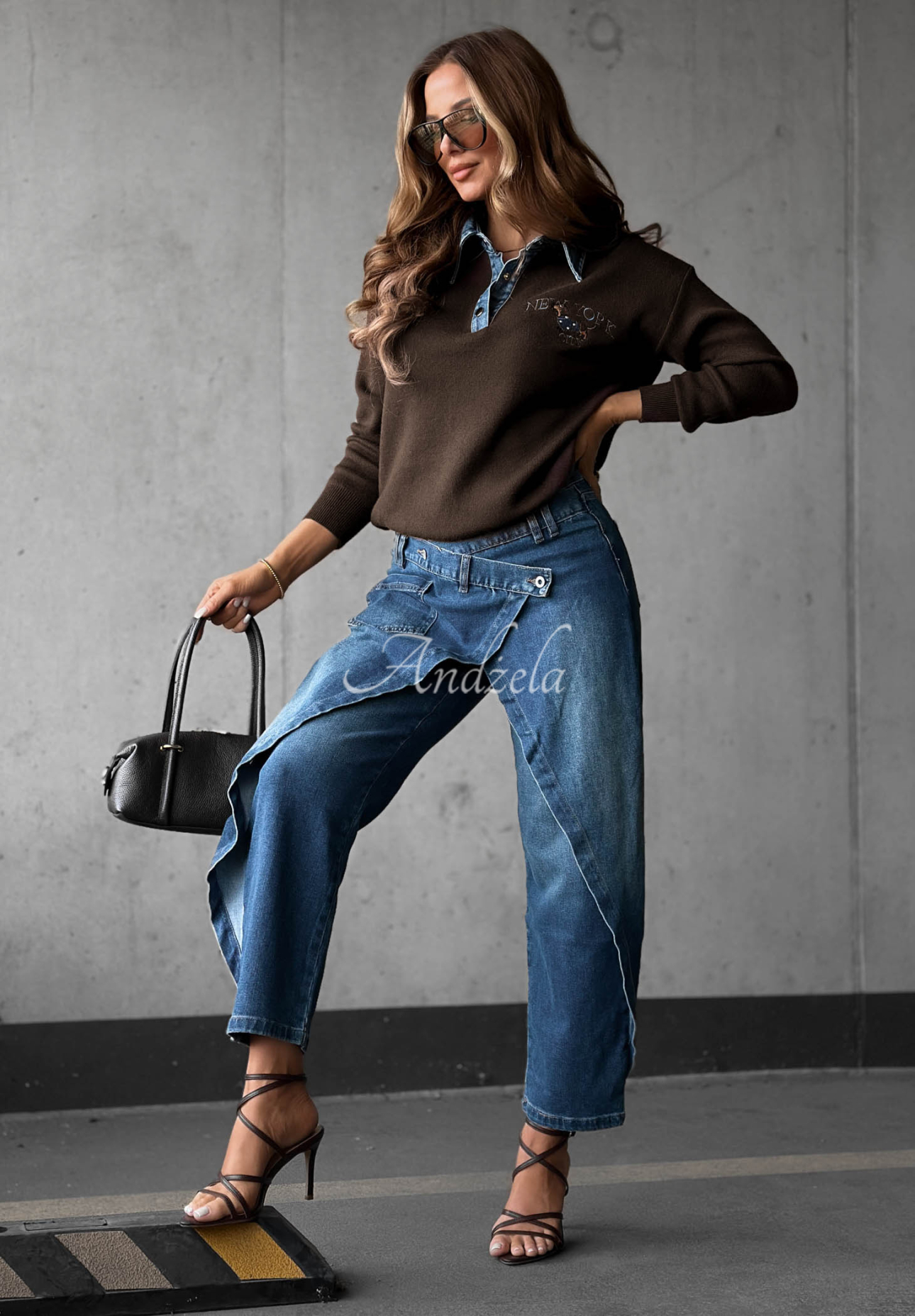 Pulover din viscoză cu guler din denim NY City