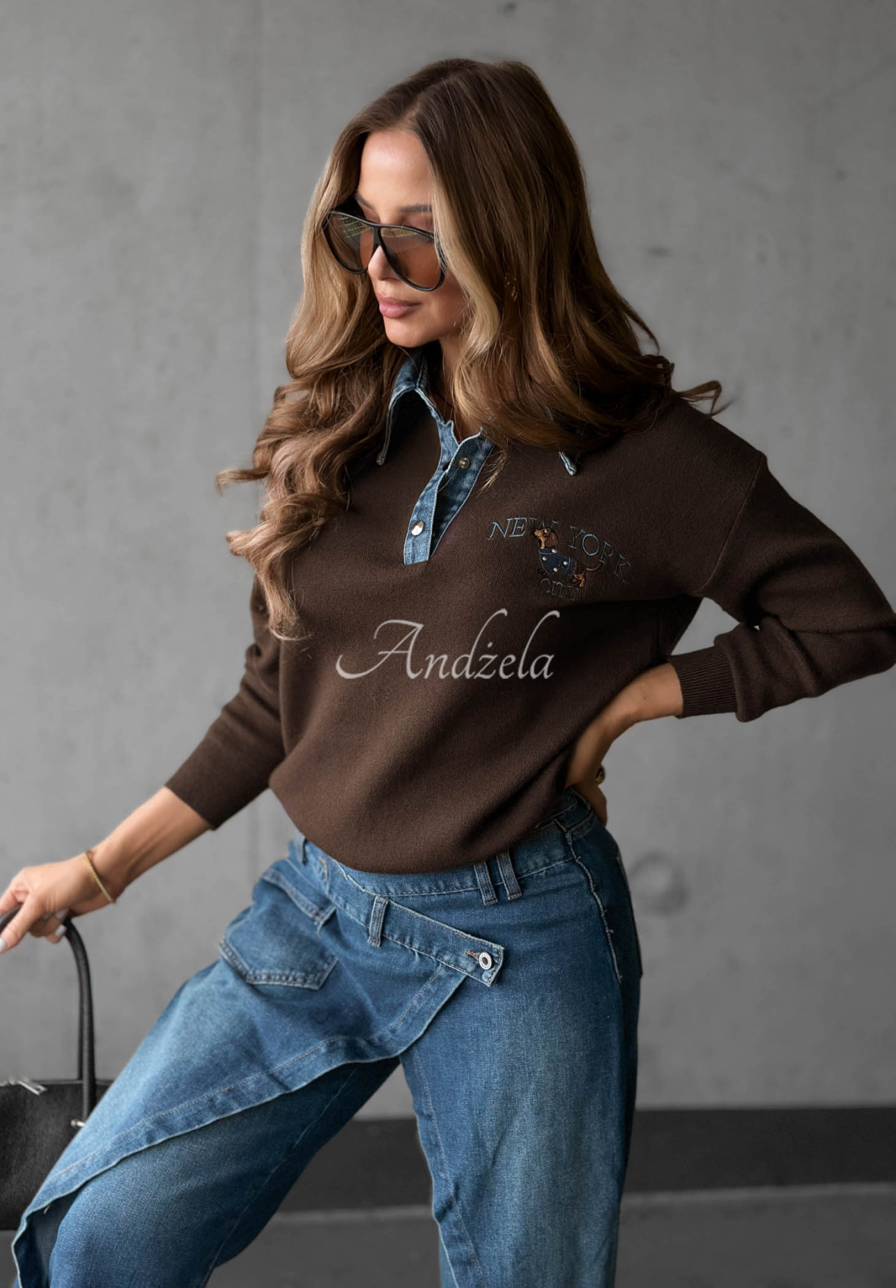 Pulover din viscoză cu guler din denim NY City