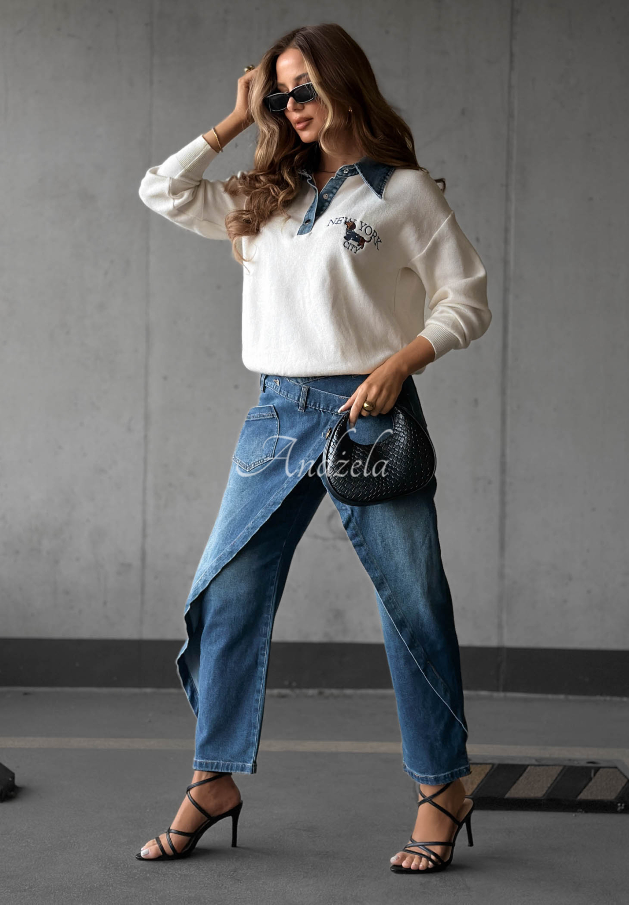 Pulover din viscoză cu guler din denim NY City