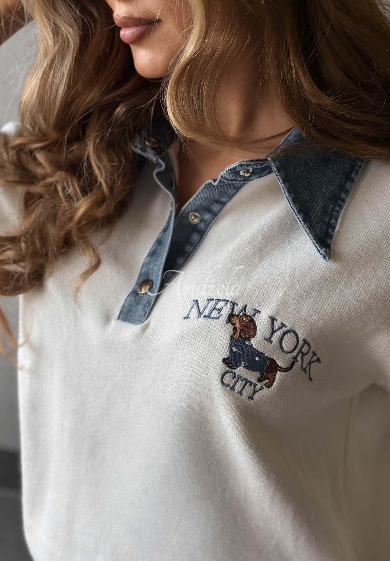 Pulover din viscoză cu guler din denim NY City