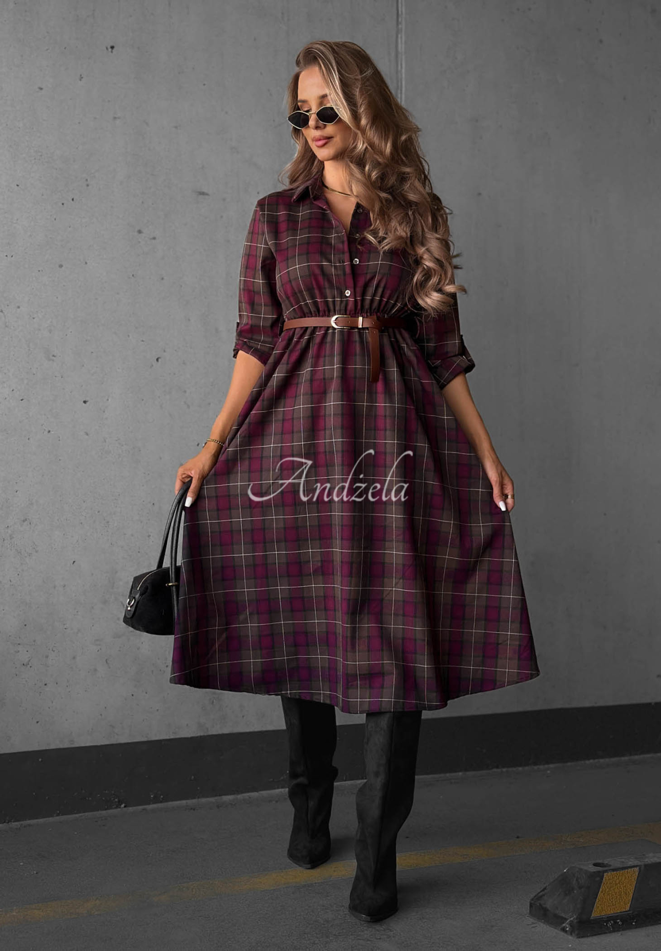 Rochie-cămașă midi în carouri, cu cordon Dark Romance