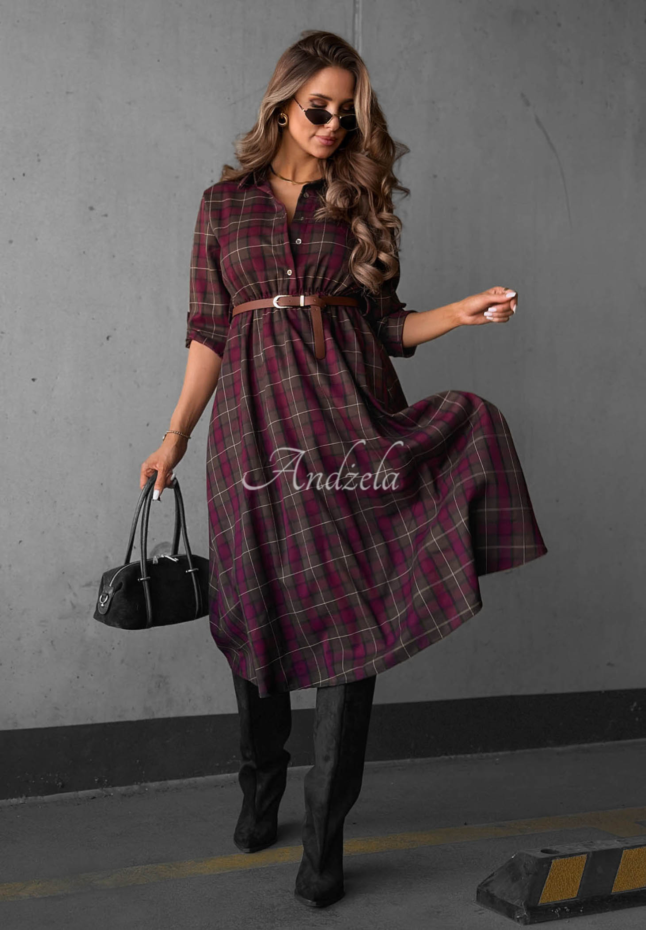 Rochie-cămașă midi în carouri, cu cordon Dark Romance