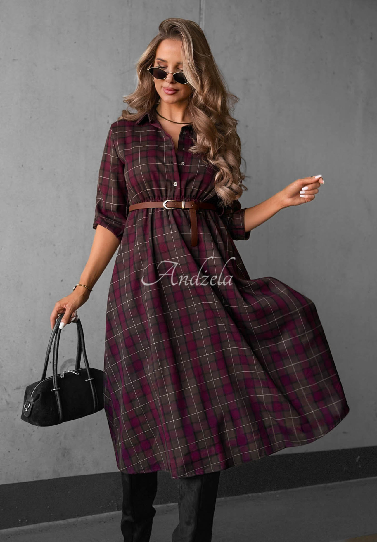 Rochie-cămașă midi în carouri, cu cordon Dark Romance