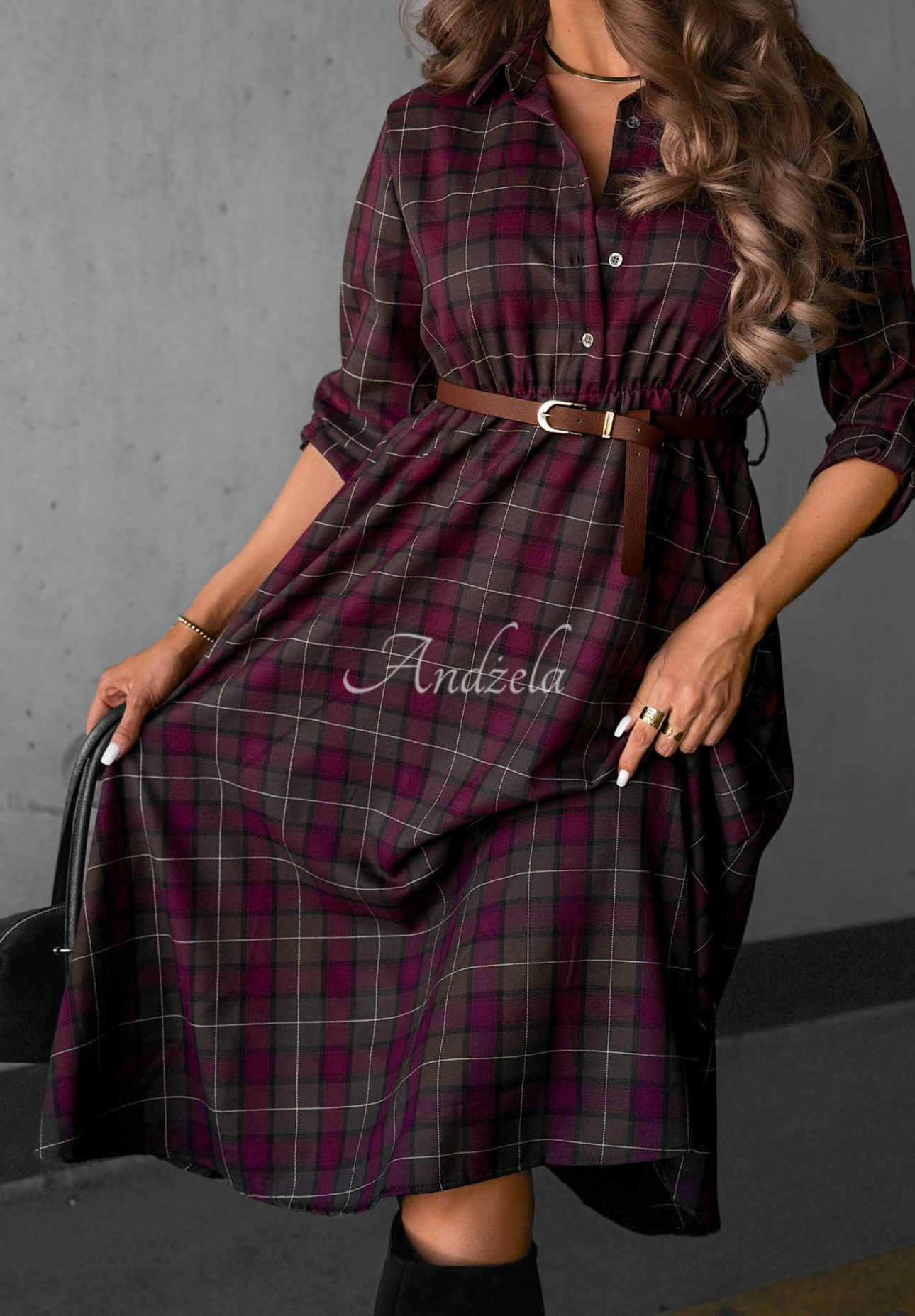Rochie-cămașă midi în carouri, cu cordon Dark Romance
