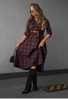 Koszulowa Rochie midi w kratę z paskiem Dark Romance czekoladowo-burgundowa