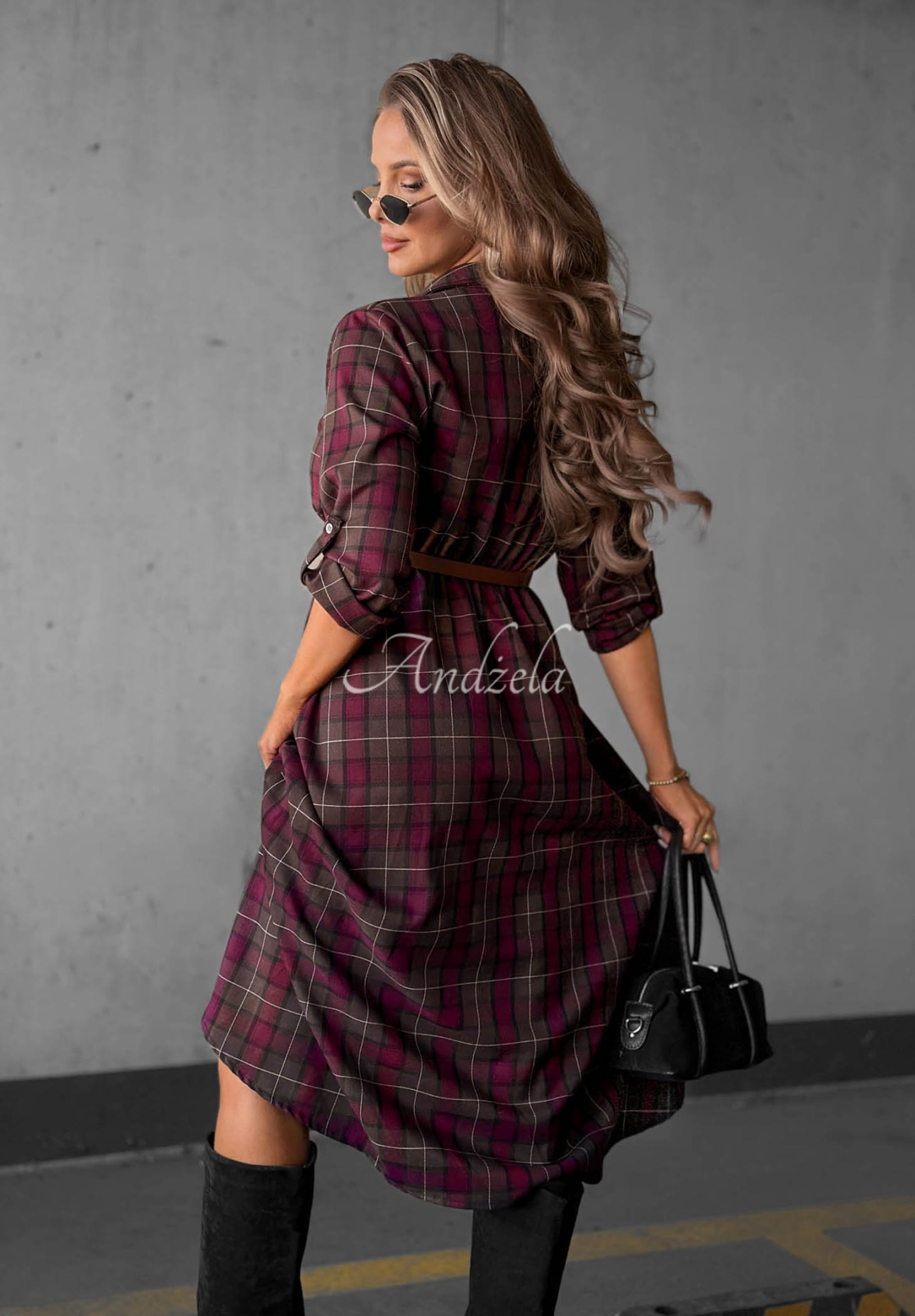 Rochie-cămașă midi în carouri, cu cordon Dark Romance