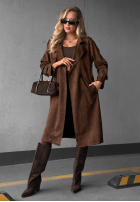 Długi zamszowy Palton  trencz paskiem Autumn Honey camel