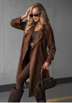 Długi zamszowy Palton  trencz paskiem Autumn Honey camel