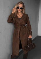 Długi zamszowy Palton  trencz paskiem Autumn Honey camel