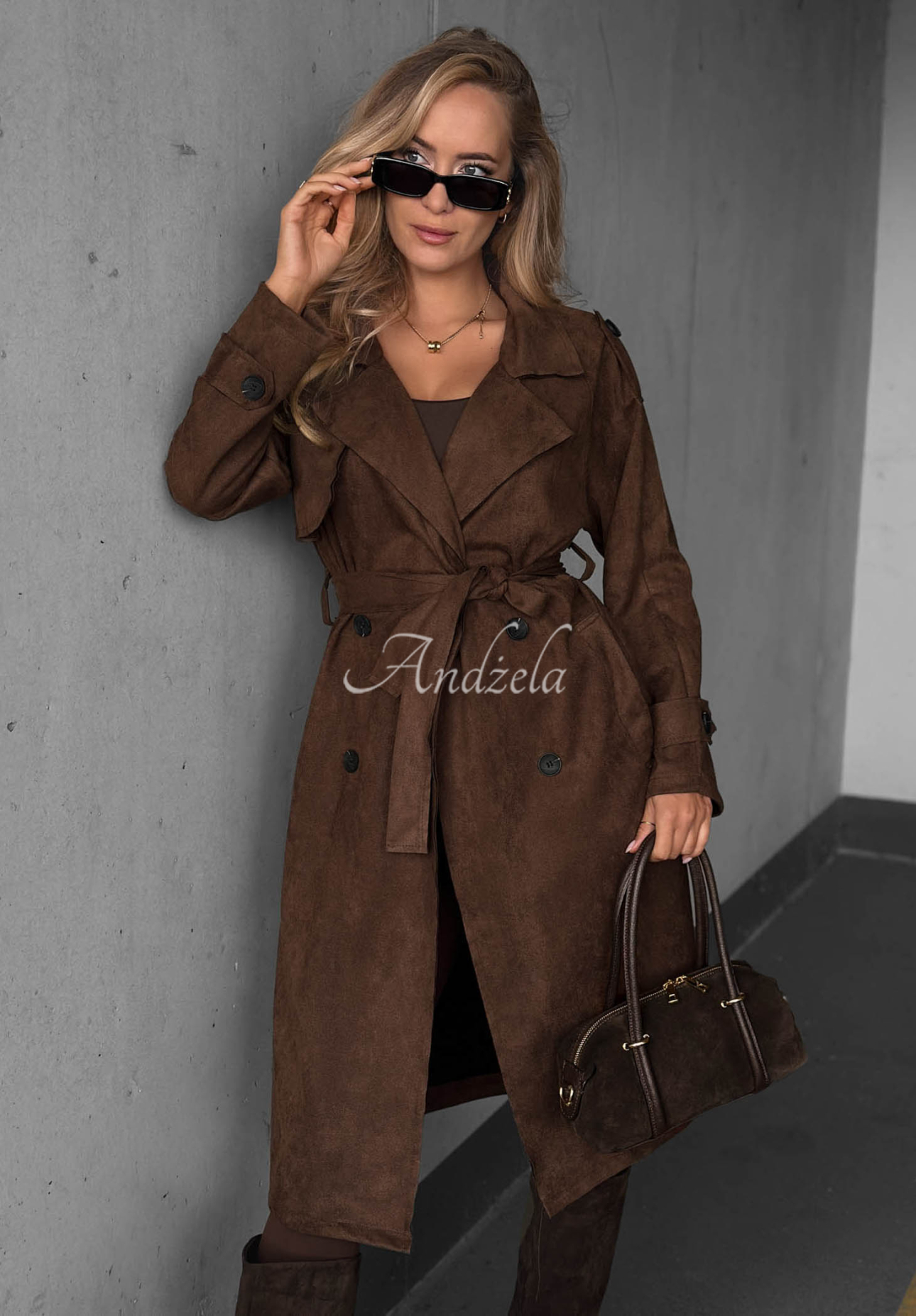 Trenci cu două rânduri din piele întoarsă cu curea Autumn Honey