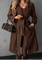 Długi zamszowy Palton  trencz paskiem Autumn Honey camel