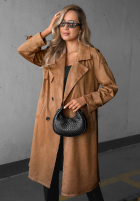 Długi zamszowy Palton  trencz paskiem Autumn Honey camel