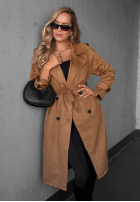 Długi zamszowy Palton  trencz paskiem Autumn Honey camel