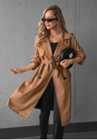 Długi zamszowy Palton  trencz paskiem Autumn Honey camel