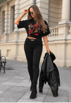 Pantaloni din denim skinny But First Coffee negre
