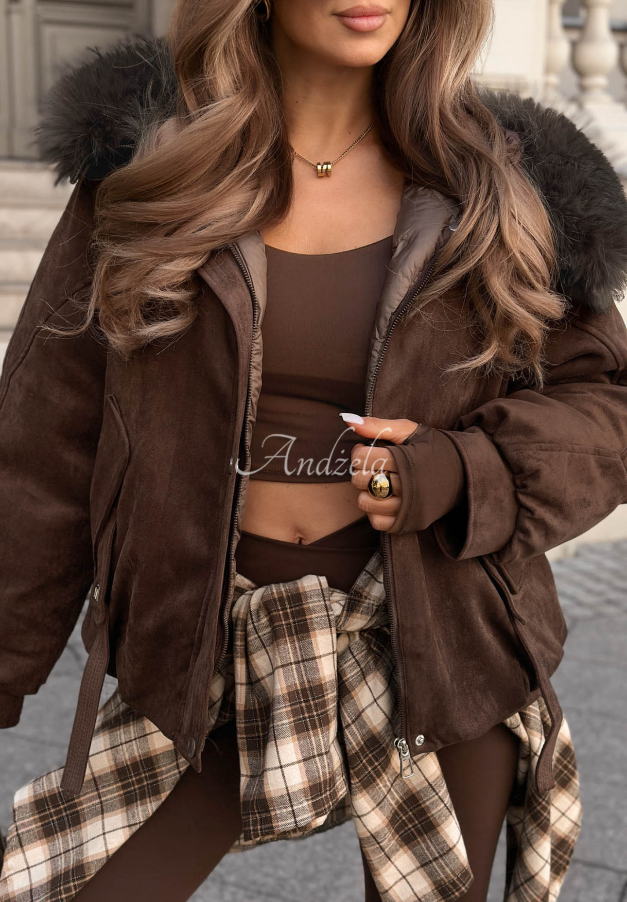 Geacă din piele întoarsă cu glugă și blăniță Winter Babe