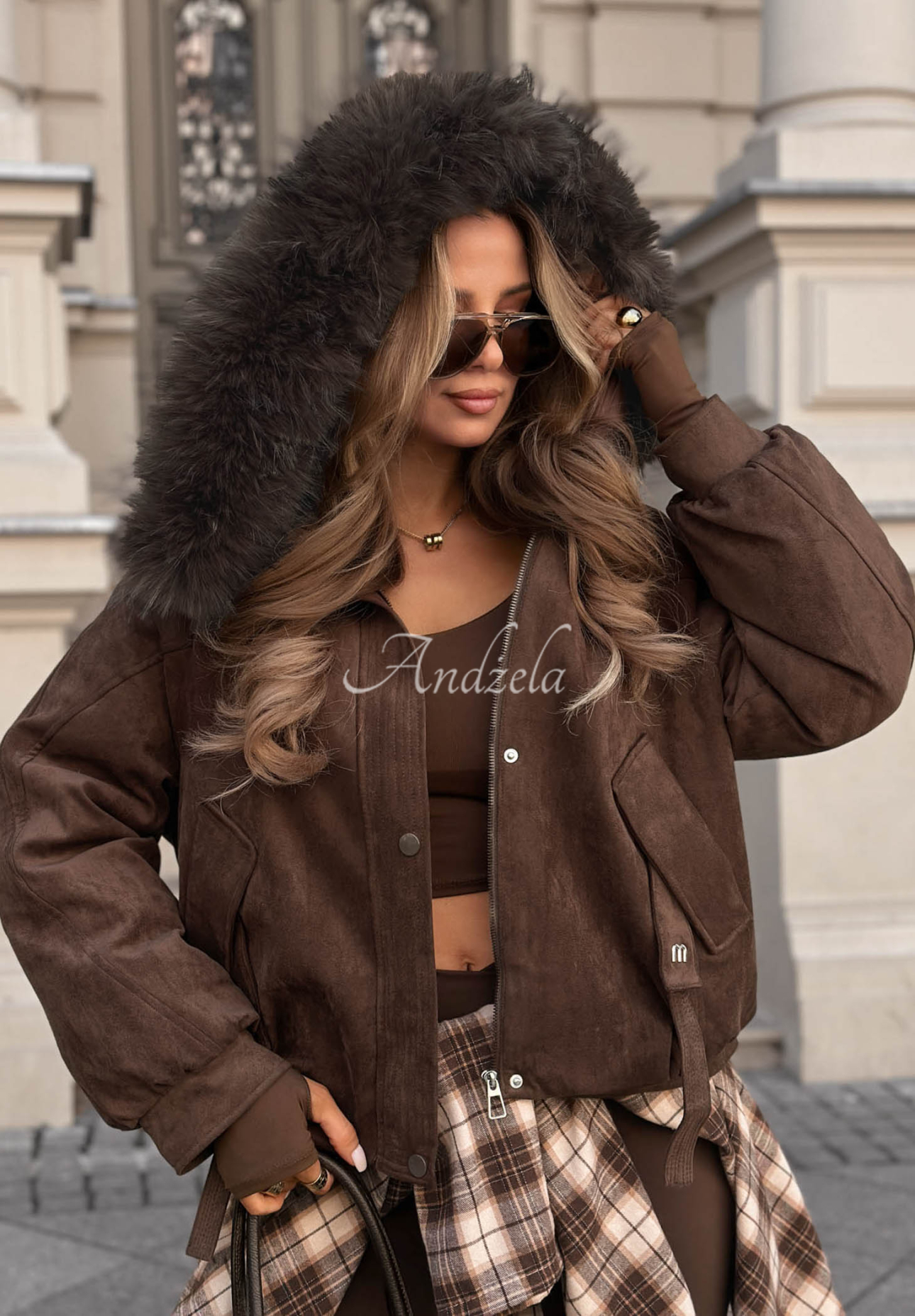 Geacă din piele întoarsă cu glugă și blăniță Winter Babe