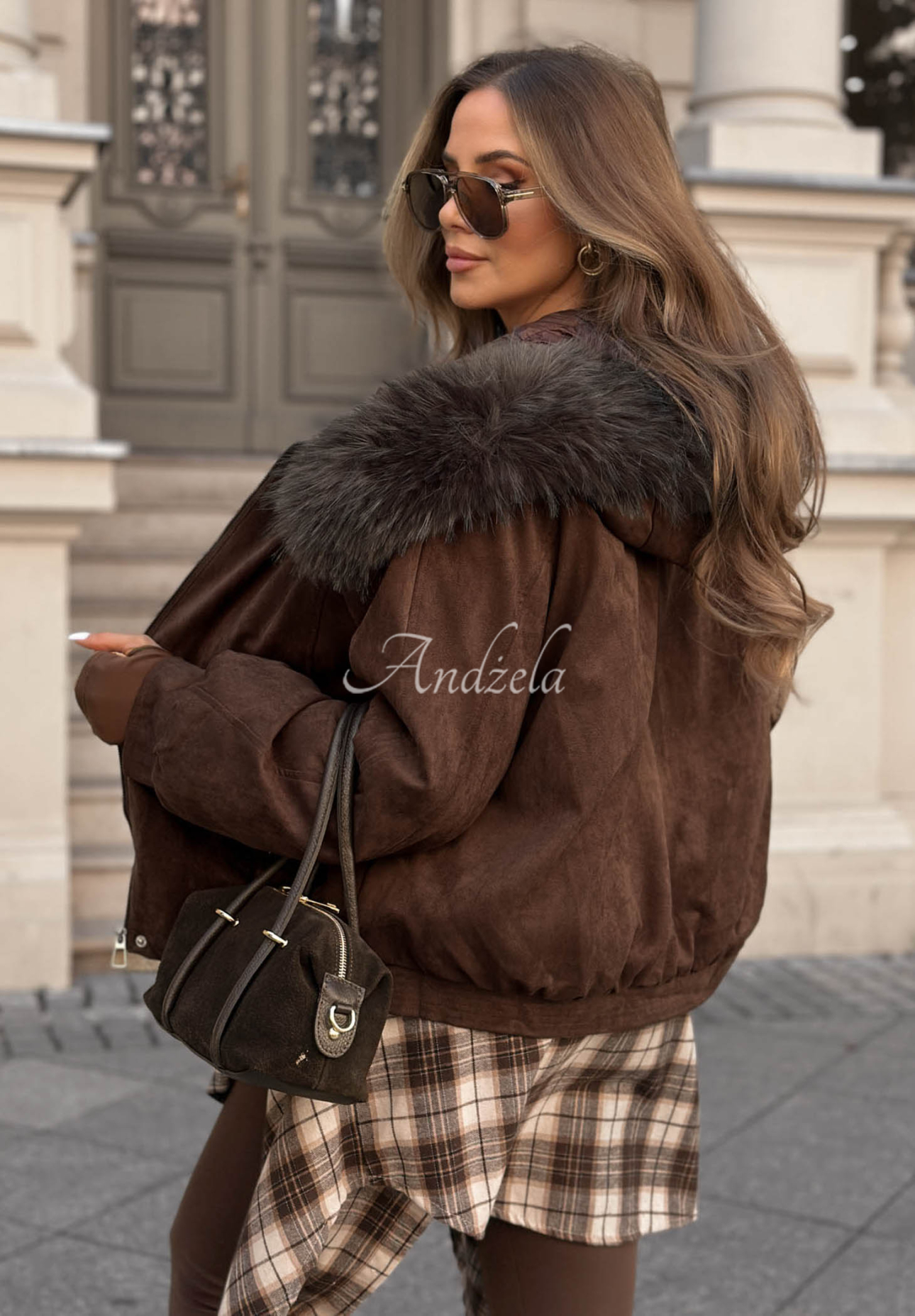 Geacă din piele întoarsă cu glugă și blăniță Winter Babe